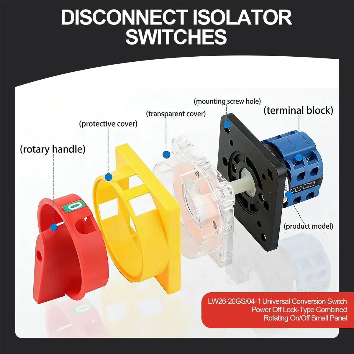 DT17 20A OFF-ON 4 Poles Disconnect Isolator Switch LW26GS CA10, 48X48mm Padlock Rotary for Cam Switch, Yellow/Blue