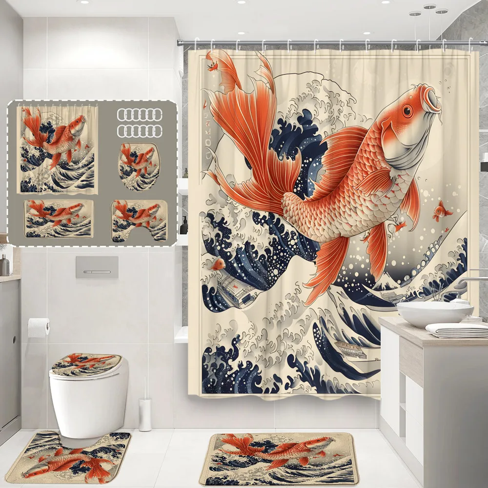 

Занавеска для душа Koi, японская фотосессия, крепление Fuji, азиатская чернильная живопись, красное солнце, домашний декор для ванной комнаты, коврики, крышки для туалета