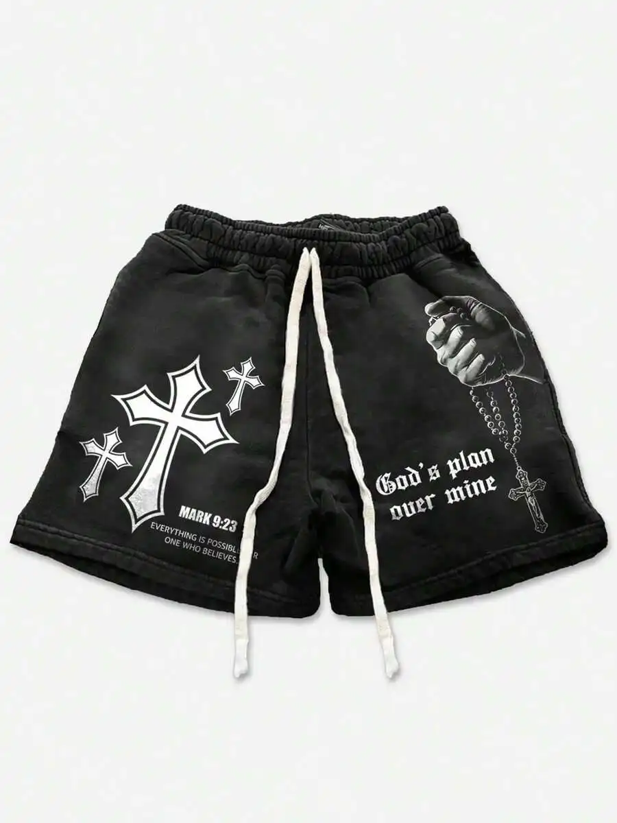 Black Religious Graphic Shorts With Crosses, Rosary Print, Adjustable Drawstring Waist, Elastic Cuff, Unisex Daily Wear