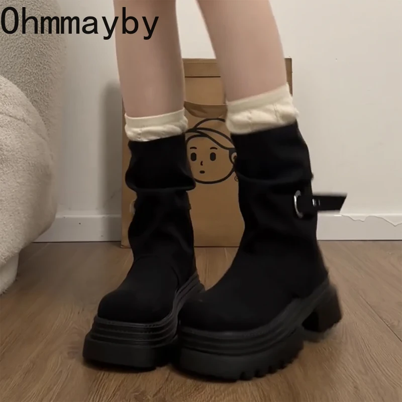 

Винтажные женские ботильоны на платформе с толстой подошвой, модные осенне-зимние женские короткие ботильоны с пряжкой на ремне