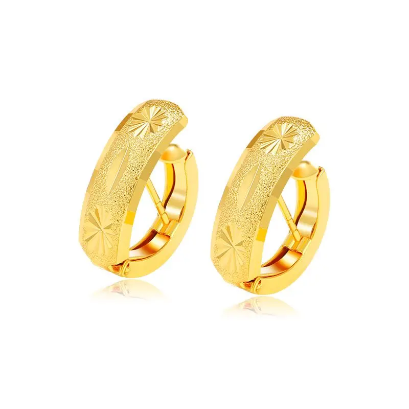 Engraving No Stone Hoop Earrings for Women Fashion Jewelry Pure Gold Color