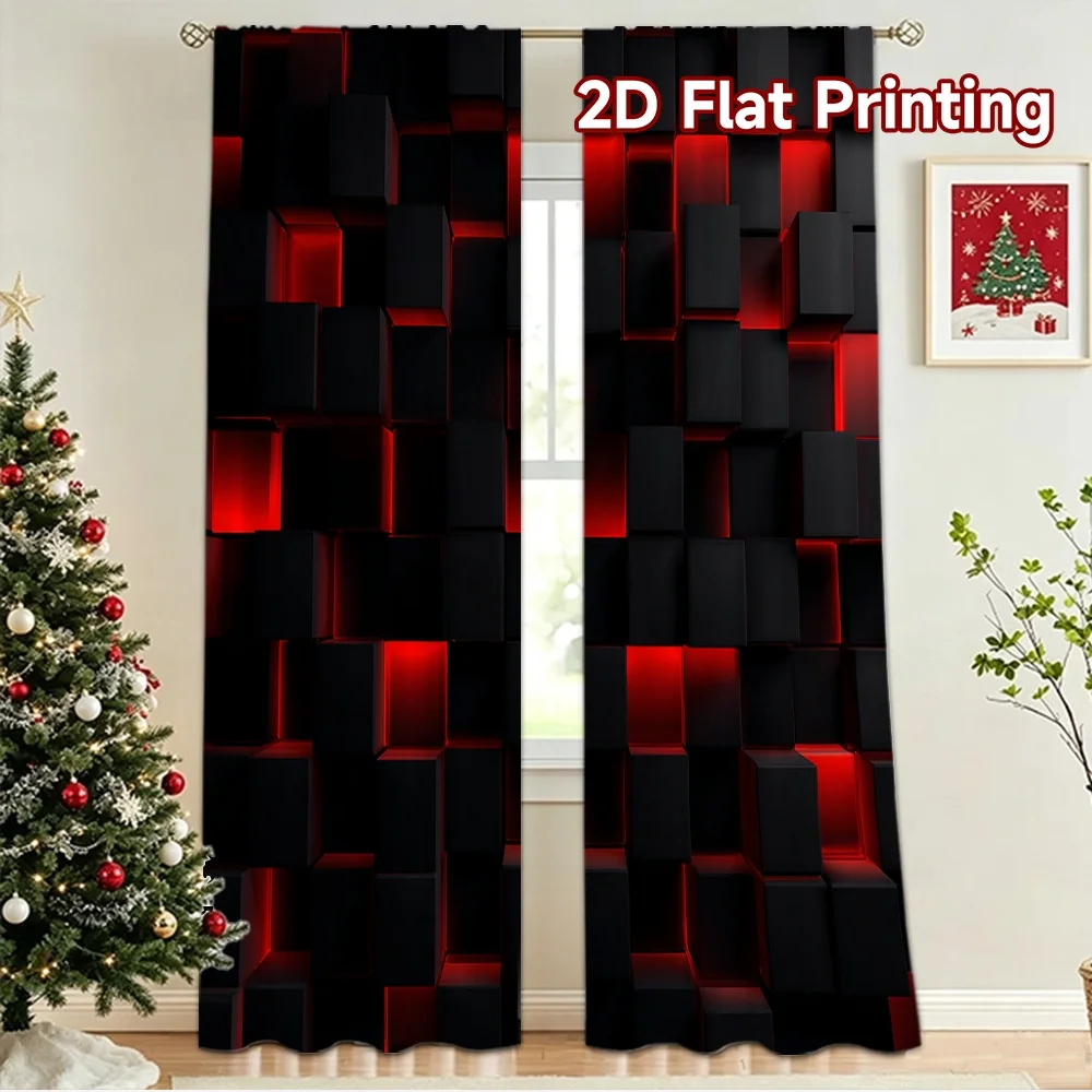 2D flat 2pcs Curtain Country Style Red Black Blocks Durable polyester fiber Birthday Party Use for Holiday Family Portraits