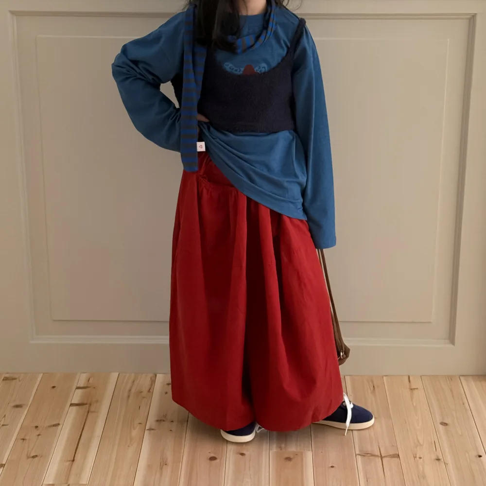 

Children's pants 2025 autumn girls' loose casual wide leg pants, children's red versatile pants