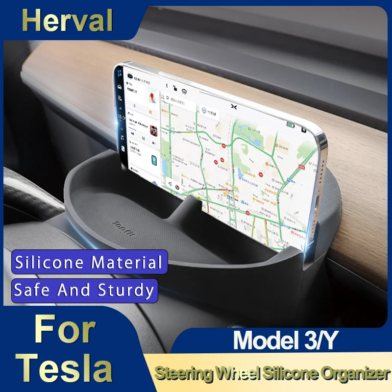 Herval for Tesla Model Y 3 Phone Holder Glasses Silicone Organizer Glasses Support Stand Steering Wheel Phone Holder Accessories