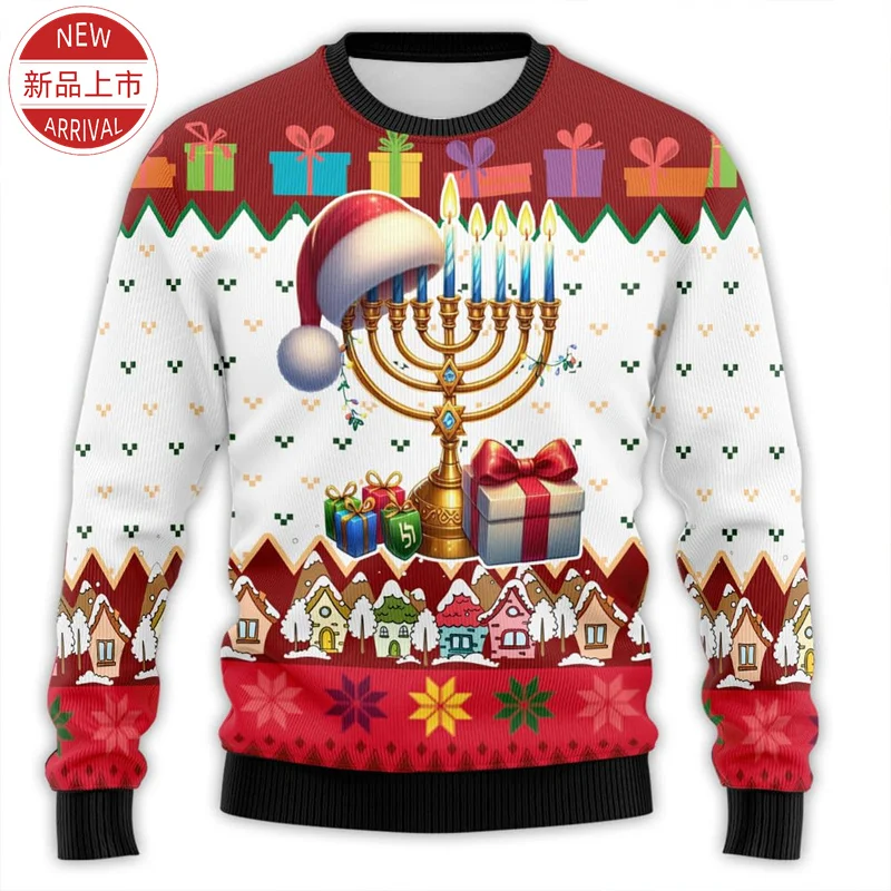 3D Hanukkah Festival Print Sweatshirts Chanukah Graphic IsraelHoodie Fashion Vintage Round Neck Sweatshirts Mens Clothing Tops