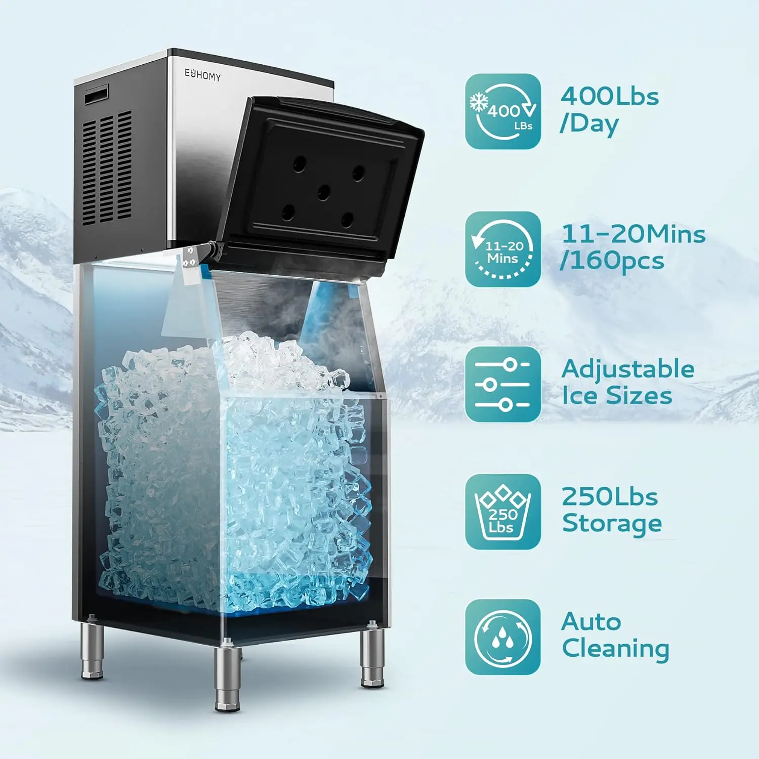 Máquina para hacer hielo comercial 400 libras/24 horas, máquina de hielo industrial, almacenamiento de 250 libras, lista para hielo