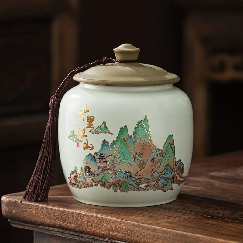 Creative Painted Mountain Pattern Ceramic Tea Jar Large Capacity Sealed Moisture-proof Storage Jar Coffee Beans Candy Food Jar