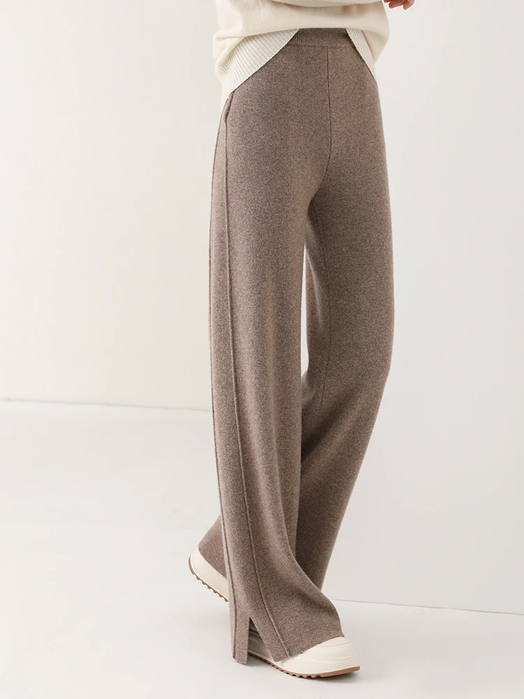 

Women Wool Wide Leg Pants Threaded Elastic Waist Cashmere Trousers Autumn Winter 100% Merino Wool Knitted Soft Slit Design Pants