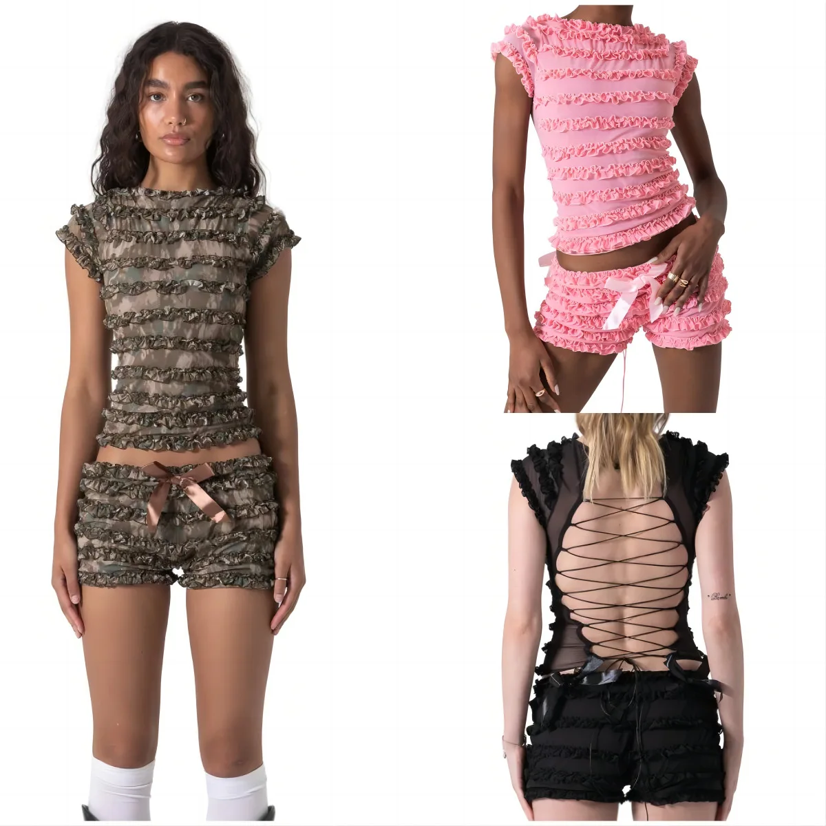 

Summer Women's 2pcs Set Hollow Out Strappy Camisole Tank Top Ladies Sweet Spice Girl Wooden Ear Side Lace Tops and Shorts Set