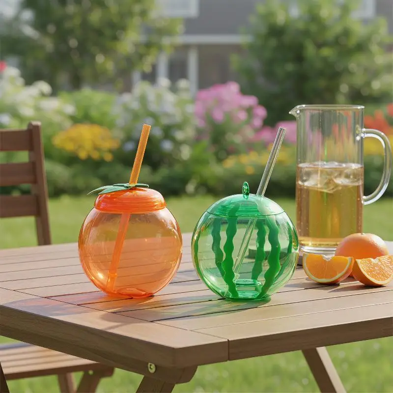 Vaso para beber con forma de naranja y sandía, botella de jugo con forma de fruta ecológica de PET con pajita para uso doméstico y exterior, 1/3 unidades