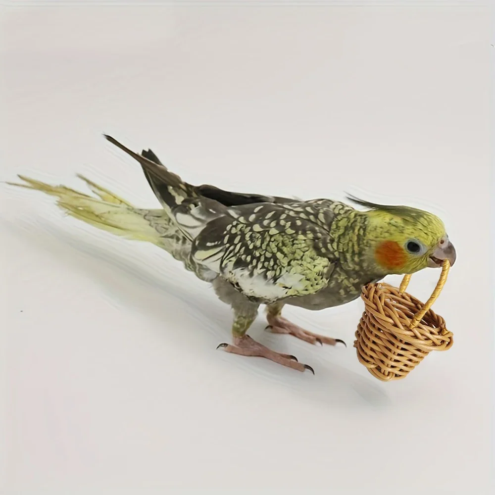 2 Pcs/Set Imitation Rattan Mini Basket Shape Bird Bite Chew Toy Cute Teething Toys for Small Animal Pet Parrot Cage Accessories