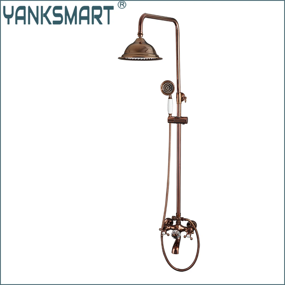

YANKSART Rose Gold Bathroom Shower Faucet 8" Stainless Steel Rainfall Shower System Set w/ Handshowe Wall Mount 2 Handle Mixer