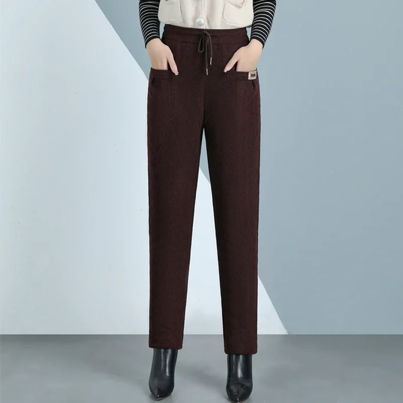 Elderly Women Autumn Winter Fleece Lined Corduroy Drawstring Loose Warm Casual Long Pants