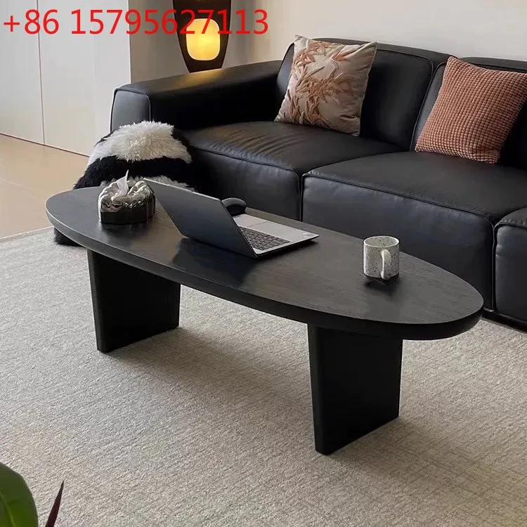 

Nordic solid wood black oval coffee table household tatami living room sofa small tea table bay window log tea table