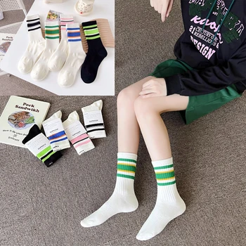 5 pares de meias brancas listradas femininas com cores doces respiráveis e confortáveis para corrida esportiva e ciclismo