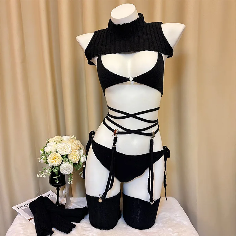 

Новое оригинальное черное вязаное белье 2025 года — водолазка с открытой спиной и v-образным вырезом для косплея, сексуальный гламурный наряд для ролевых игр для частных съемок