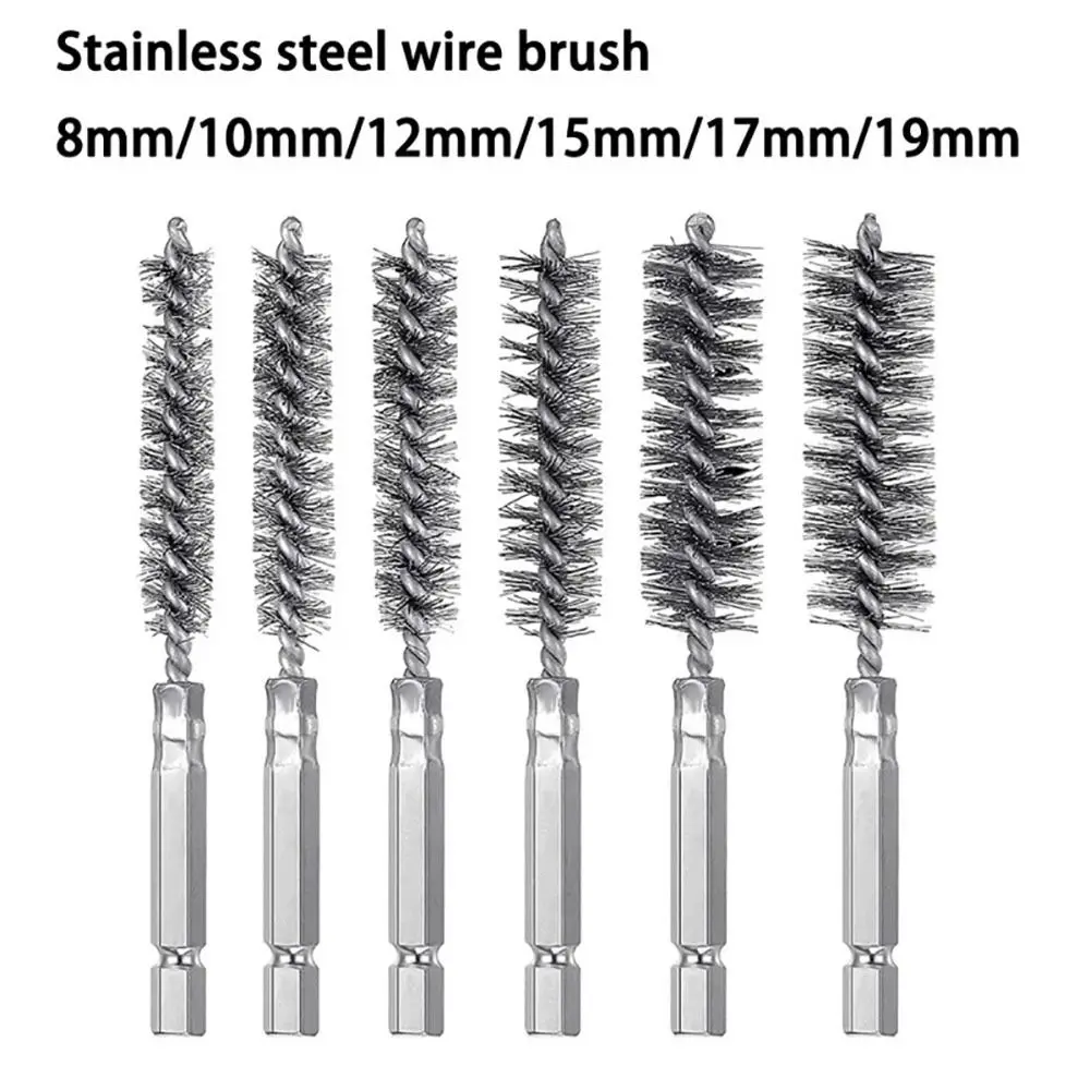 1/6 buah alat poles cuci sikat bor baja tahan karat dengan pegangan sikat Borebrush kawat putar 8-19mm 1/4 6.35mm Shank Hex