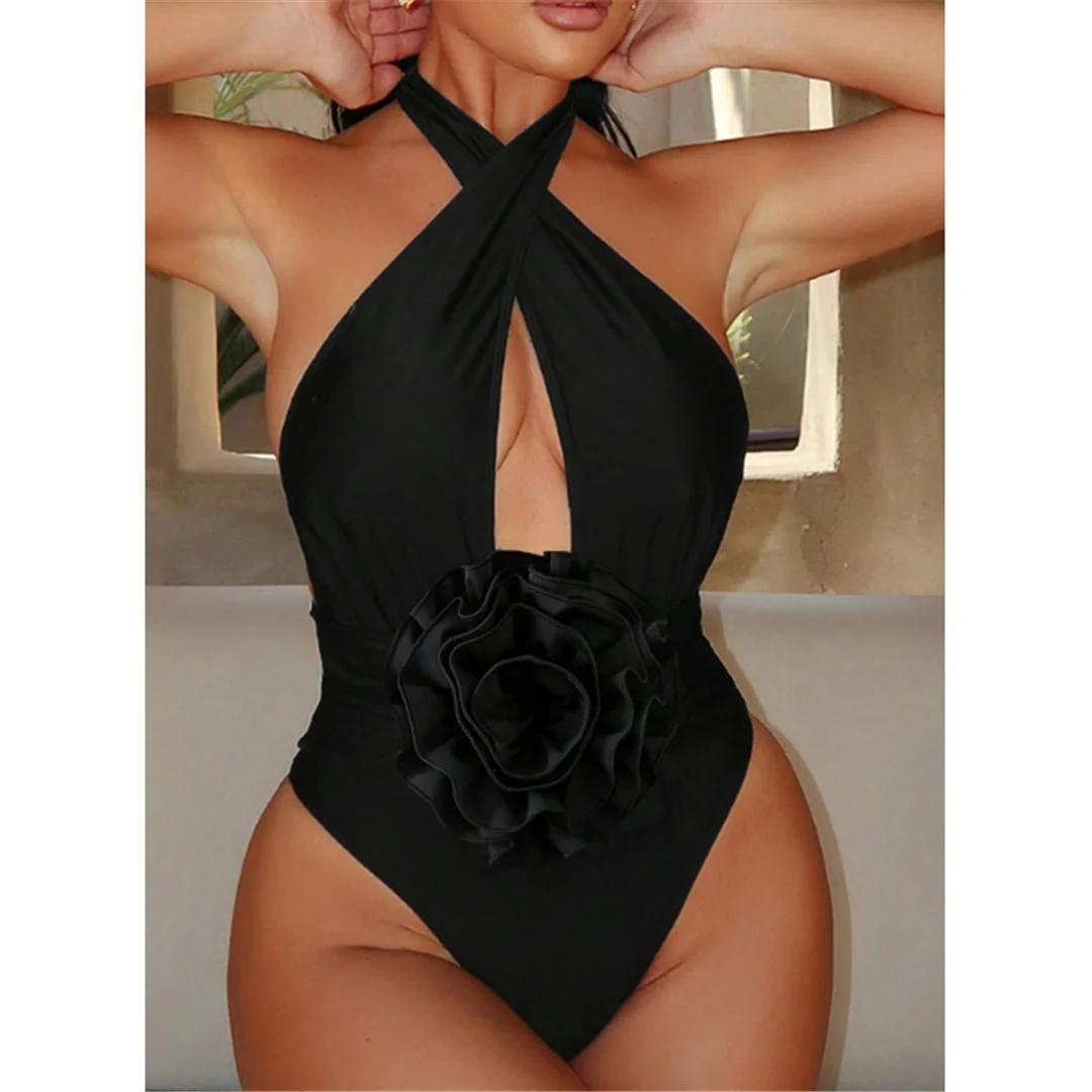 S - XL 3D-Blumen-Ausschnitt Neckholder-Badeanzug, Damen-Badebekleidung, rückenfreier Badeanzug mit hohem Beinausschnitt, Badeanzug, Badebekleidung, Modell V6847 – Detail 2