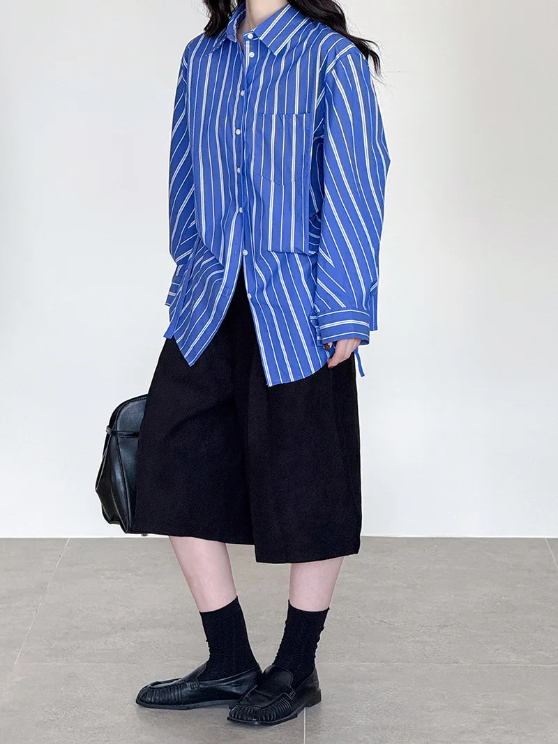 

Autumn Blue Striped Irregular Shirts Women Lace-up Turn Down Collar Loose Pocket Korean Casual Shirt Tops