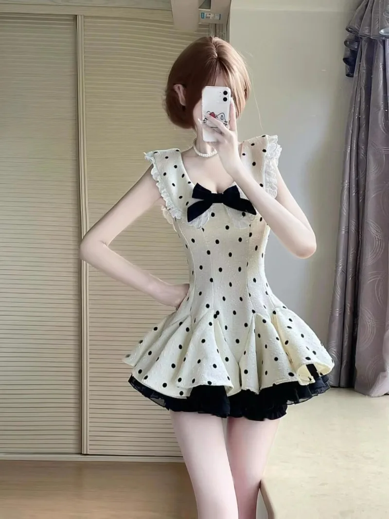 Francês puro desejo tempestade ponto arco novo vestido de verão doce cintura cinching temperamento princesa emagrecimento saia curta para mulher