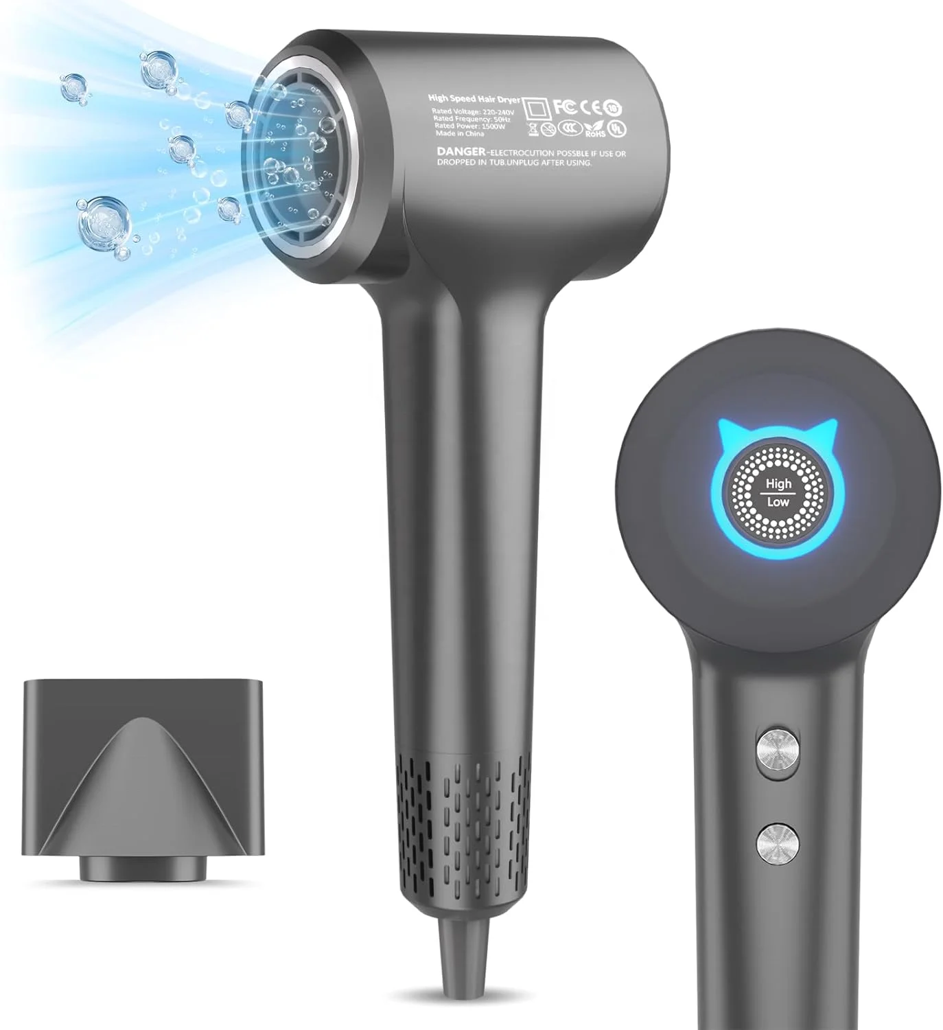 

Фен с бесщеточным двигателем 1500 Вт и 200 миллионов отрицательных ионов, высокоскоростная насадка-концентратор, 110 000 об/мин для использования в отеле на открытом воздухе