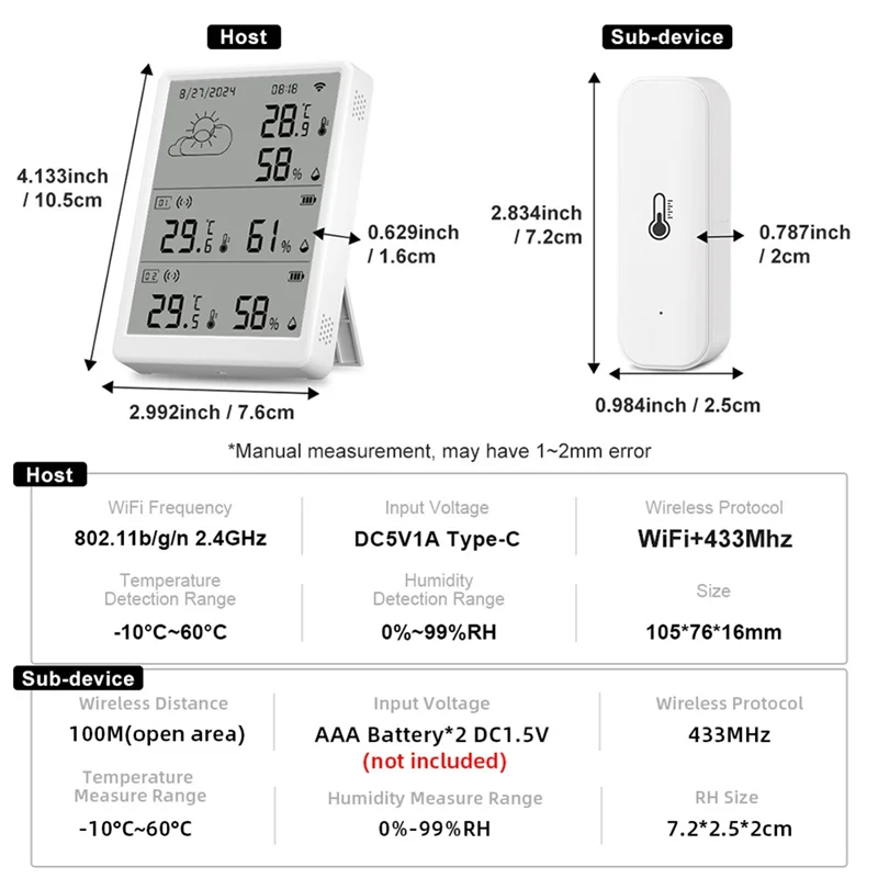 BNVN-Tuya Wifi+RF433 Temperature Humidity Sensor Weather Station Display Monitor Thermometer Hygrometer Support Voice Control