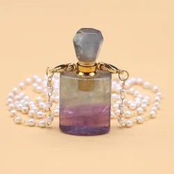 Natural Healing Stones Fluorite Perfume Essential Oil Diffuser Bottle Gradient Colorful Pendants Suquare Stone Pendant Necklace