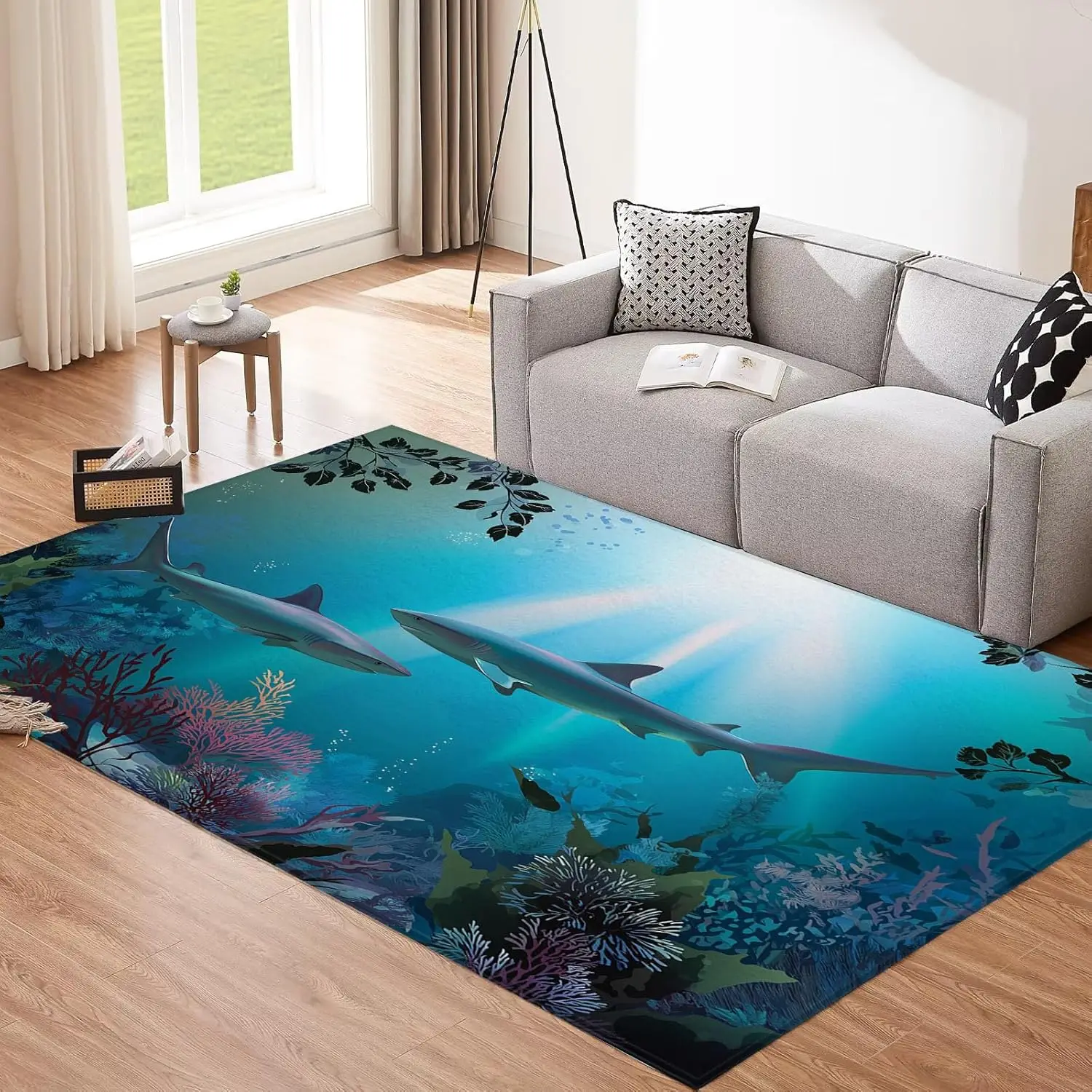 Area Rugs for Living Room - Ocean Landscape Machine Washable Rug Sky Blue Non-Slip Stain Resistant Soft Shark Coral Illustration