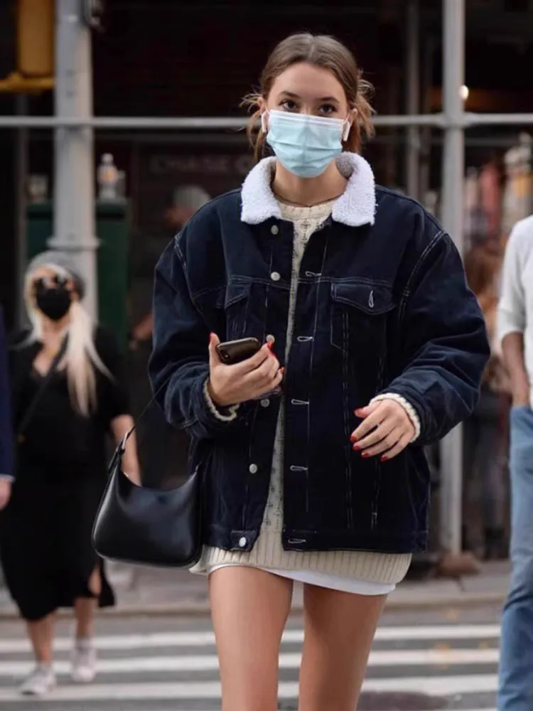 BM 슬레 브랜디 아메리칸 레트로 양털 재킷 루즈 코듀로이 따뜻한 코트 여성용 루즈핏 칼라 테이닝 아우터웨어