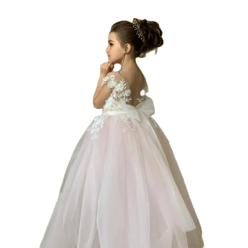 Pink Tulle Nude Neck Floor Varrendo Lace Applique Flower Girl Dress Bonito Casamento Dama De Honra Aniversário Celebração Eucaristia Vestido