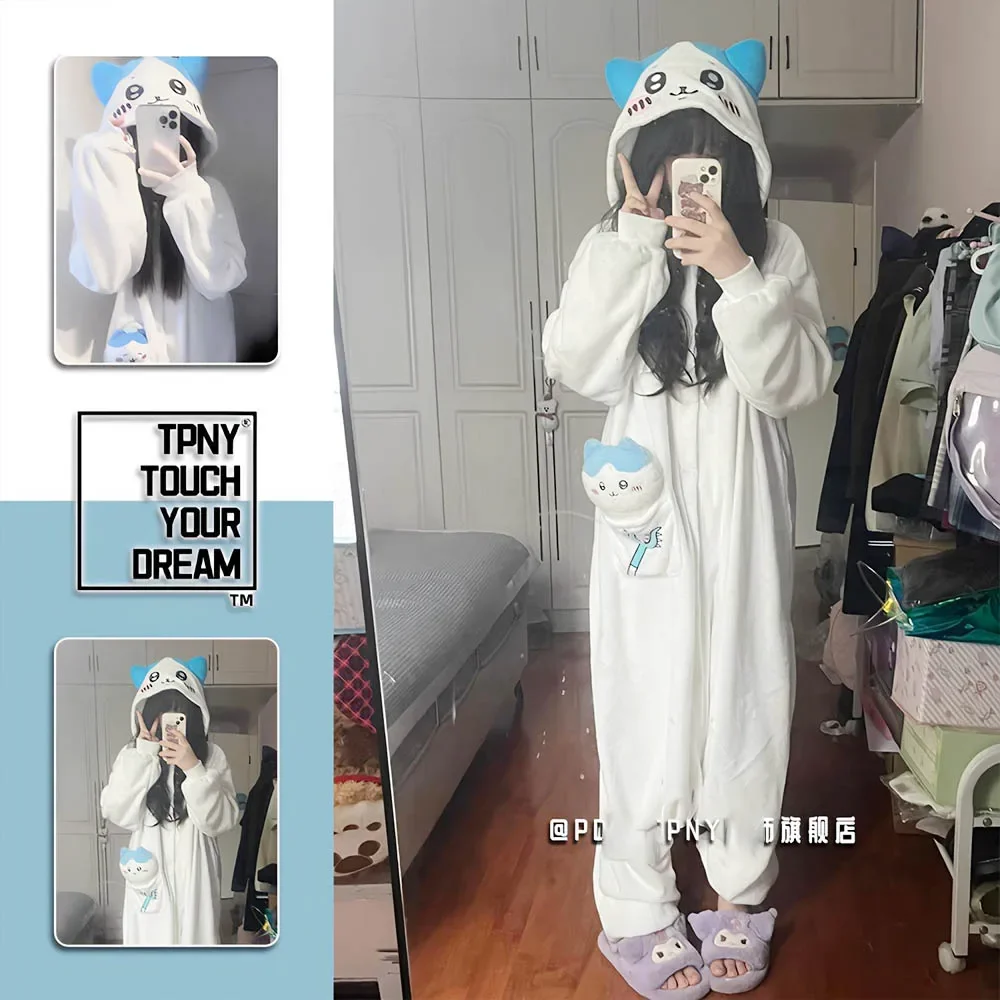 Kawaii Chiikawa ตุ๊กตาชิ้นชุดนอน Usagi Hachiware อะนิเมะน่ารัก Flannel Homewear ฤดูใบไม้ร่วงฤดูหนาวนักเรียนหญิงการ์ตูนชุดนอน