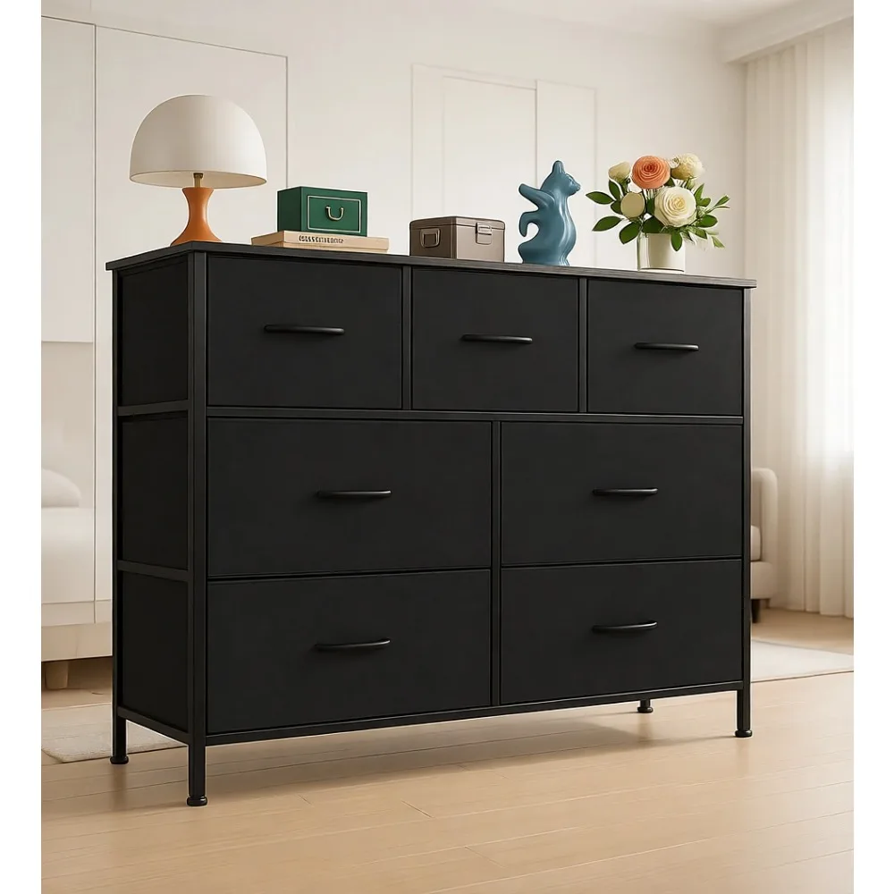 

Широкий комод с 7 тканевыми ящиками, деревянной столешницей и металлическим каркасом для хранения одежды в спальне, гостиной, прихожей