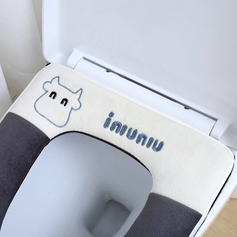 Bathroom Universal Toilet Cushion Plush with Handle Cute Cartoon Waterproof Toilet Washer Household Toilet Seat Cover Toilet Mat