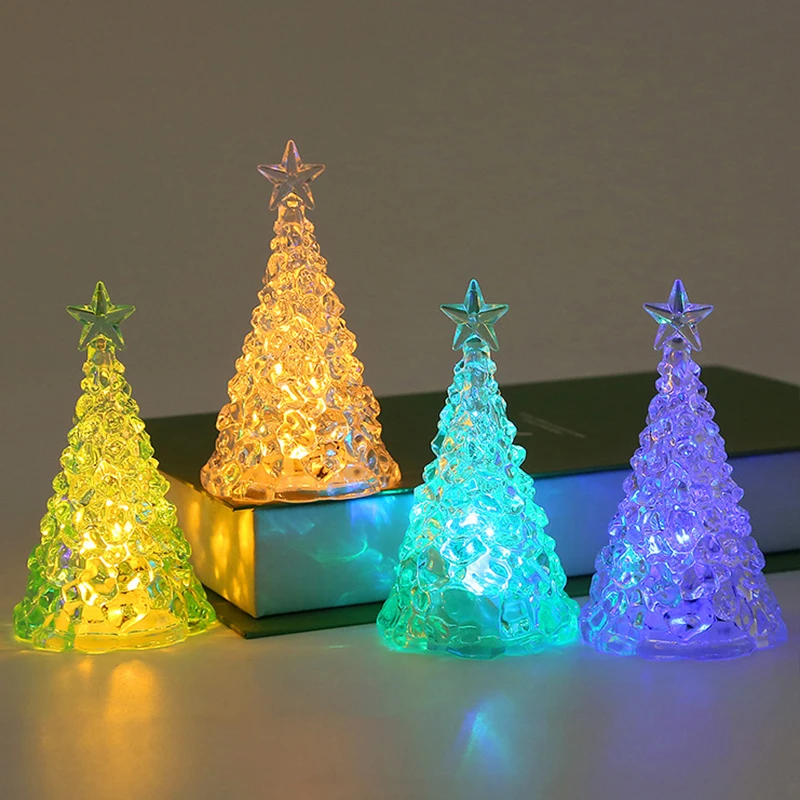 Transparente Crystal Christmas Tree Night Light, LED, alimentado por pilhas, lâmpadas, lanterna, Natal, ano novo, decoração do partido, ornamentos