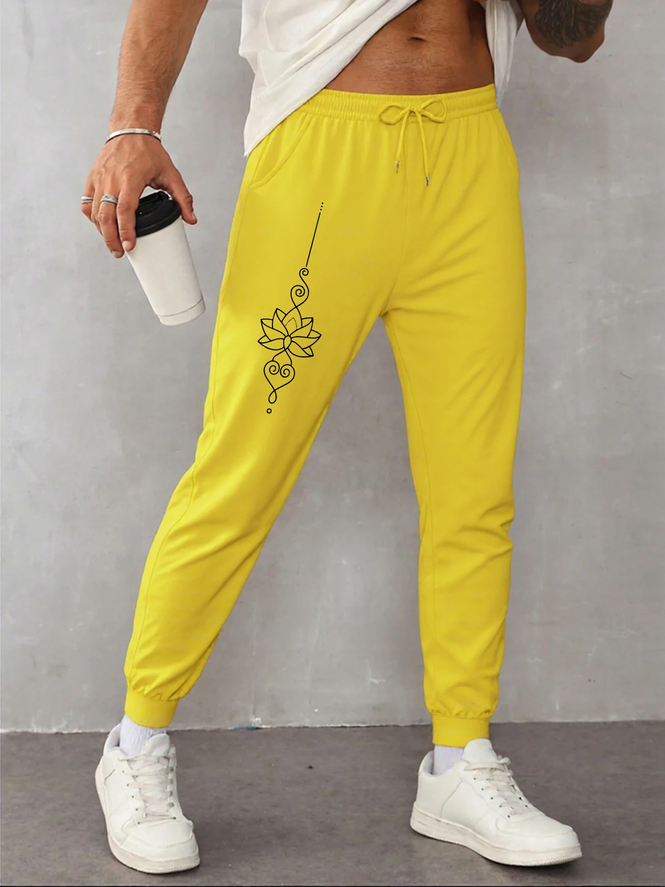 

Creative Lotus Pendant Printed Men Pants Comfortable Drawstring Long Pant Y2K Fleece Male Sweatpants Multicolor Casual Trousers