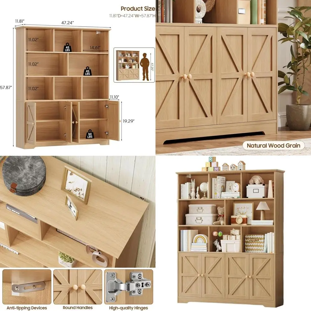 

Детская книжная полка с 8 отделениями и 4 дверцами, регулируемыми полками и местом для хранения, органайзер для игрушек для игровой комнаты и гостиной, натуральный дуб