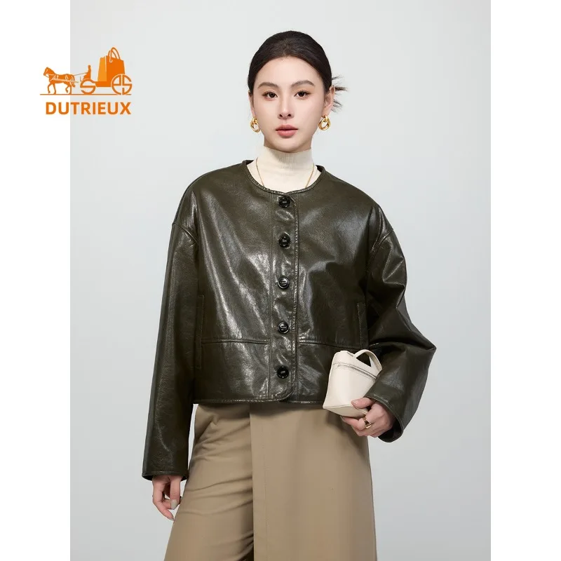 Autumn Winter Short Double-sided Round Neck Genuine Leather Jacket Women, 100% Genuine Sheepskin, Fashion Elegant Coat for Women