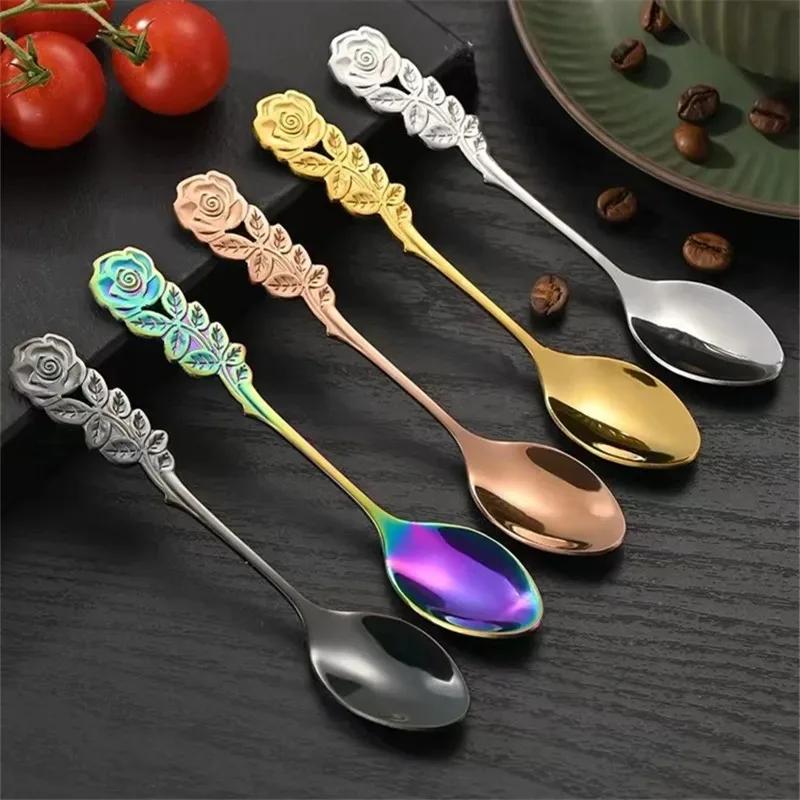 Cuchara de café de acero inoxidable con cabeza de flor de rosa, tenedor de postre de fruta, Sppons para mezclar, vajilla bonita, cosas para cocina y Hotel
