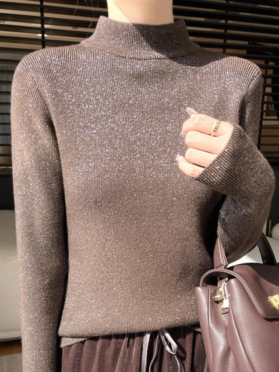 inje soie scintillante Faionable col semi-haut Base pour femmes irt vêtements intérieurs pull tricoté à la mode manteau assorti automne W...