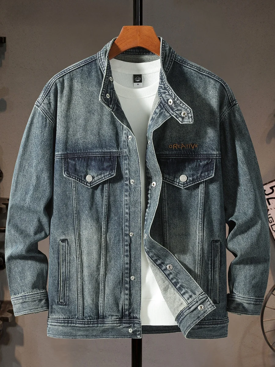 

Retro Waed Denim Jaet Men's Trendy Stand Collar Casual Workwear Spring Autumn Cotton Polyester Blend Ant Wrinkles