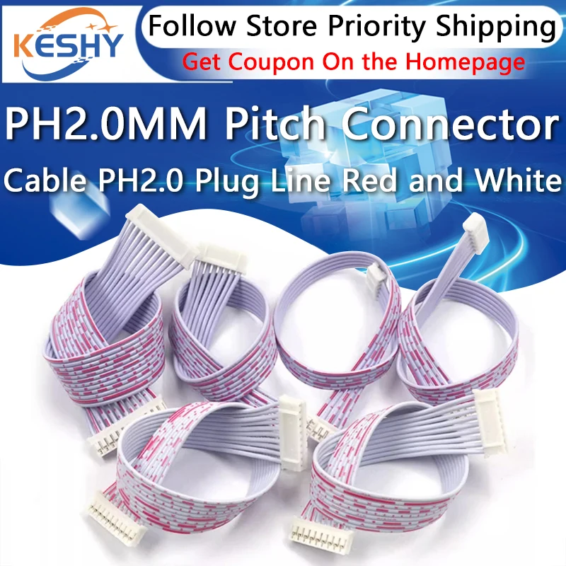 5PCS PH2.0MM Pitch Connector Cable PH2.0 Plug Line Red and White Length 10/20/30CM 2P/3P/4P/5P/6P/7P/8P/9P/10P/11P/12P Cable