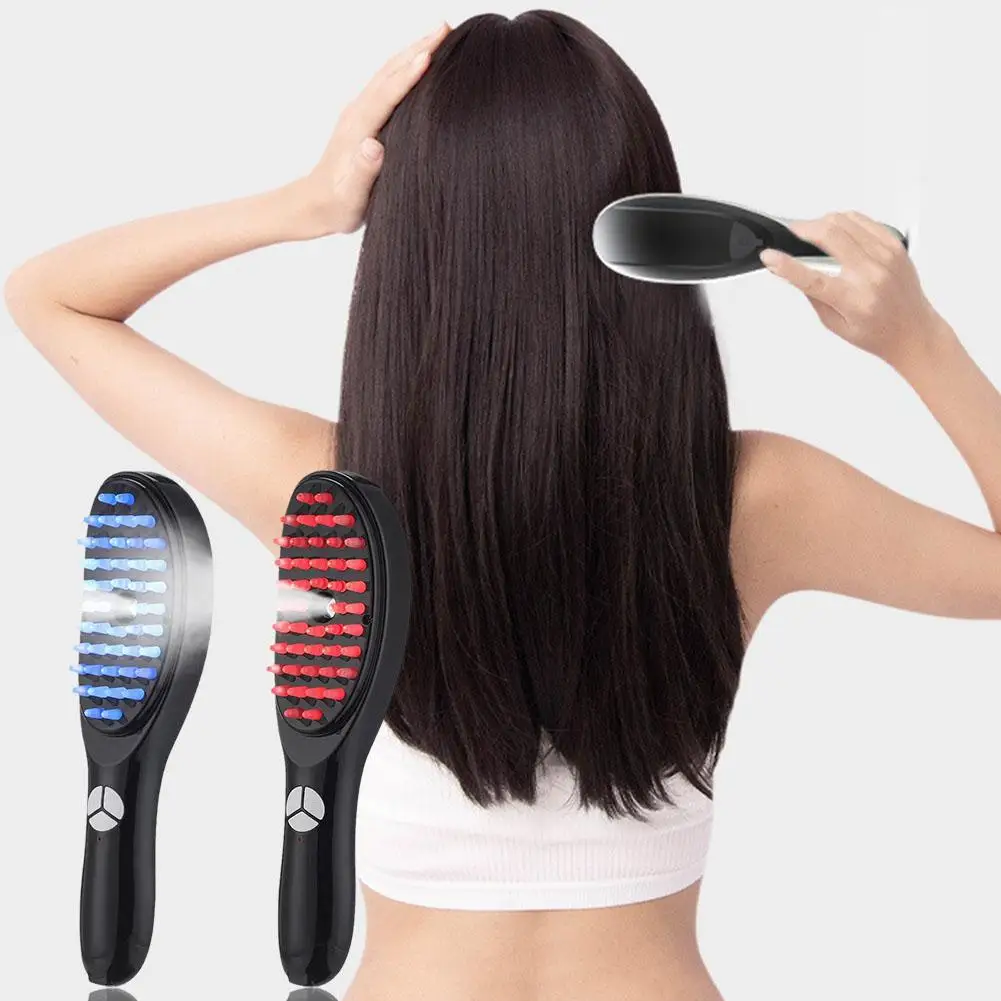 Vibração elétrica Ion Hair Brush, Azul e Vermelho Light Therapy Comb, Couro cabeludo Massagem Spray, Massageador Negativo, Y3m6