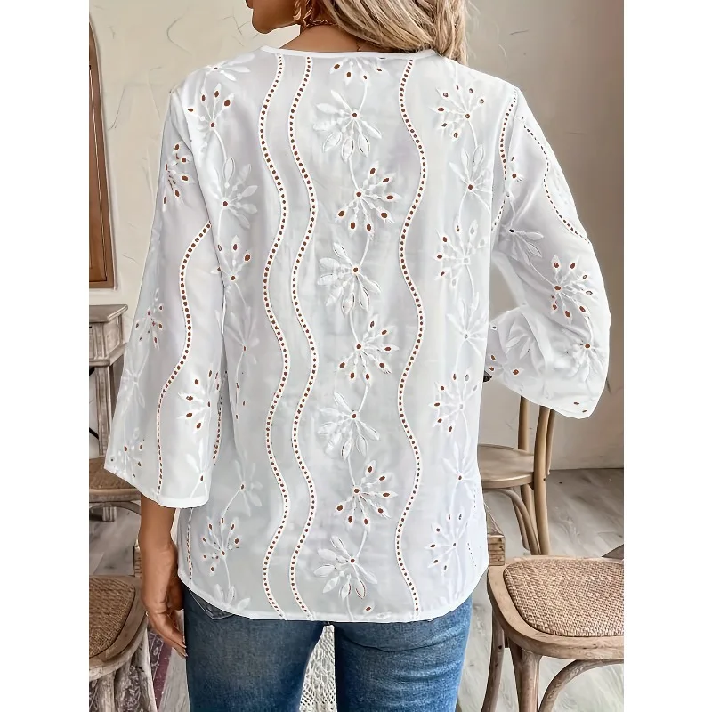 Loose V-neck Temperament Commuter Embroidered Lace Top
