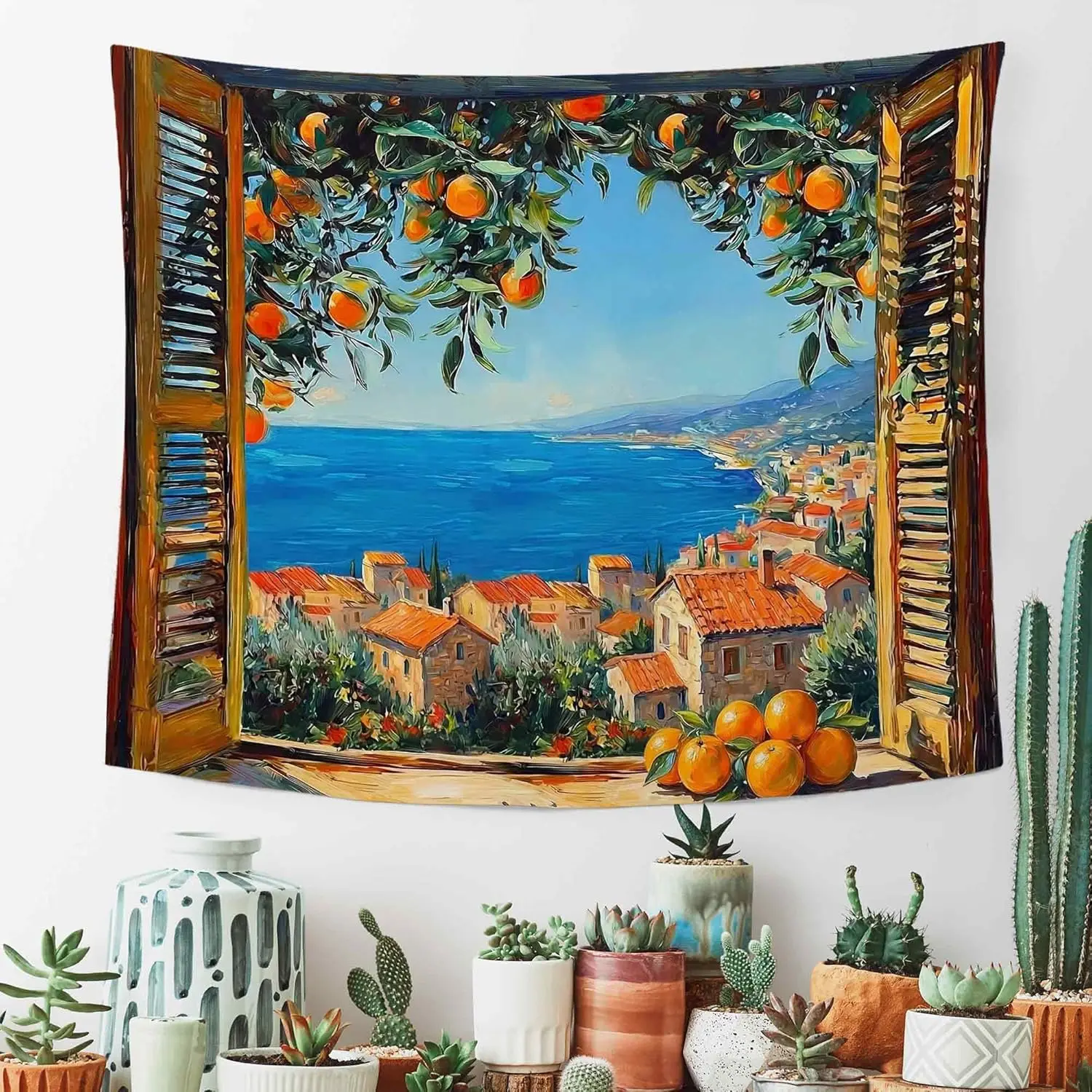 Coastal Orange Tree Window Wall Tapestry Hanging for Bedroom,Blue Seaside Ocean Beach Sea Banner,Vintage Mediterranean Landscape