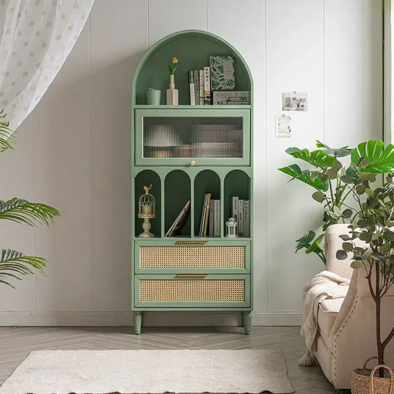 Wall side cabinet American bookcase Simple bookcase Rattan floor-to-ceiling dining side cabinet Green storage