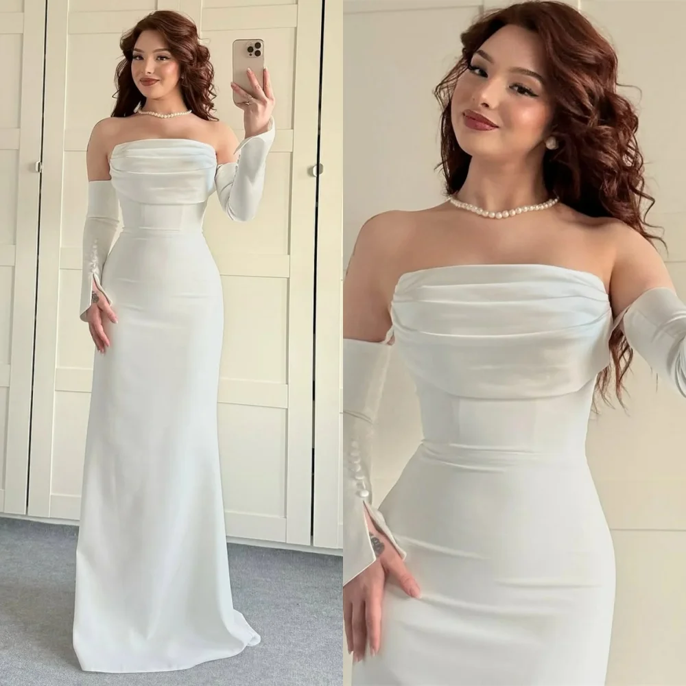 Customized High Quality White Jersey Evening Dress Classic Strapless Detachable Sleeve Cocktail Dress Delicate Celebrity Gowns