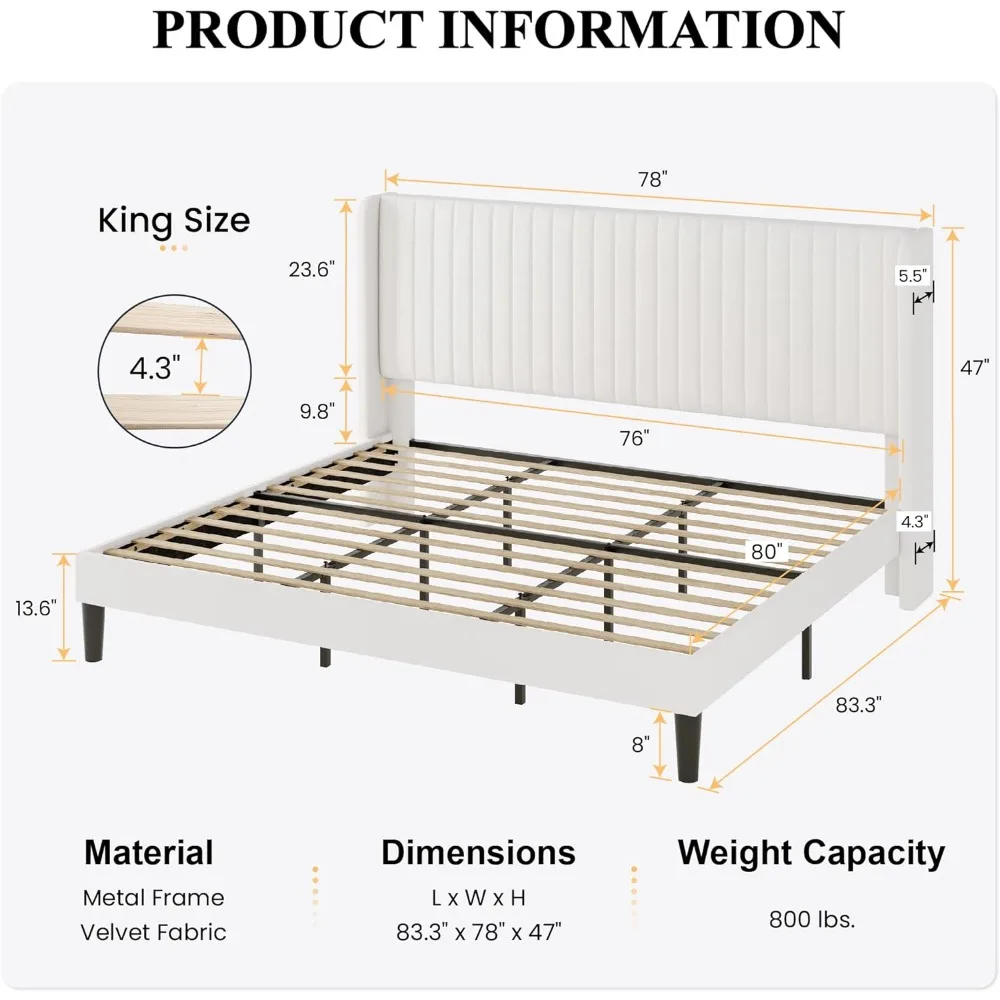 SHA CERLIN King Size Velvet Bed Frame with Vertical Channel Tufted Wingback Headboard, Upholstered Platform Bed with Wood Slats,