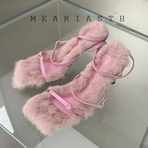 

2026 New Brand Plush Fur Fuzzy open toe Sandals Women Thin high Heels Fashion Square Toe Ankle Lace Up Buckle Strap Slides Shoes
