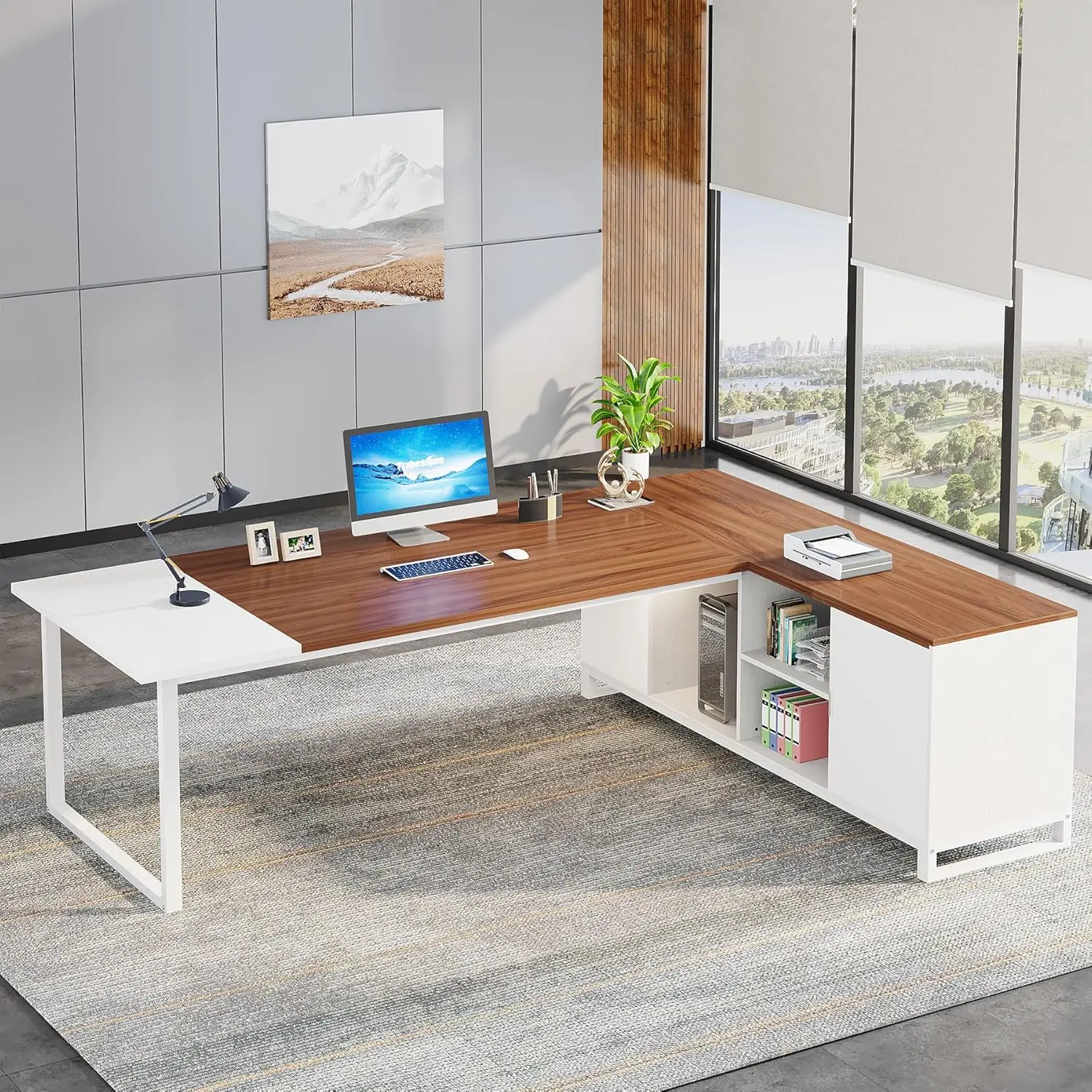 

70.8" L-Shaped Executive Desk with 55" File Cabinet,Large Home Office Computer Desk with Storage Shelves and Cabinet,White