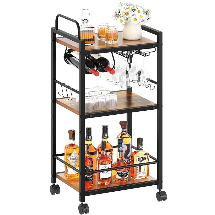 

Cart for The Home, 3 Tier Kitchen Carts with Wheels, Small Rolling Cart with Glass Holders, Wine Rack, Mini Bar Cart for Kitche
